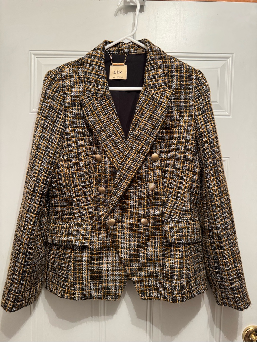 Elie Tahari Women Black Gold Tweed Metallic Plaid Double Breasted Blazer Sz 10